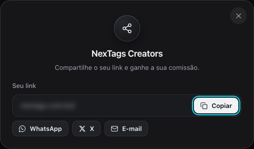 Área de compartilhamento do link de indicação da Nextags