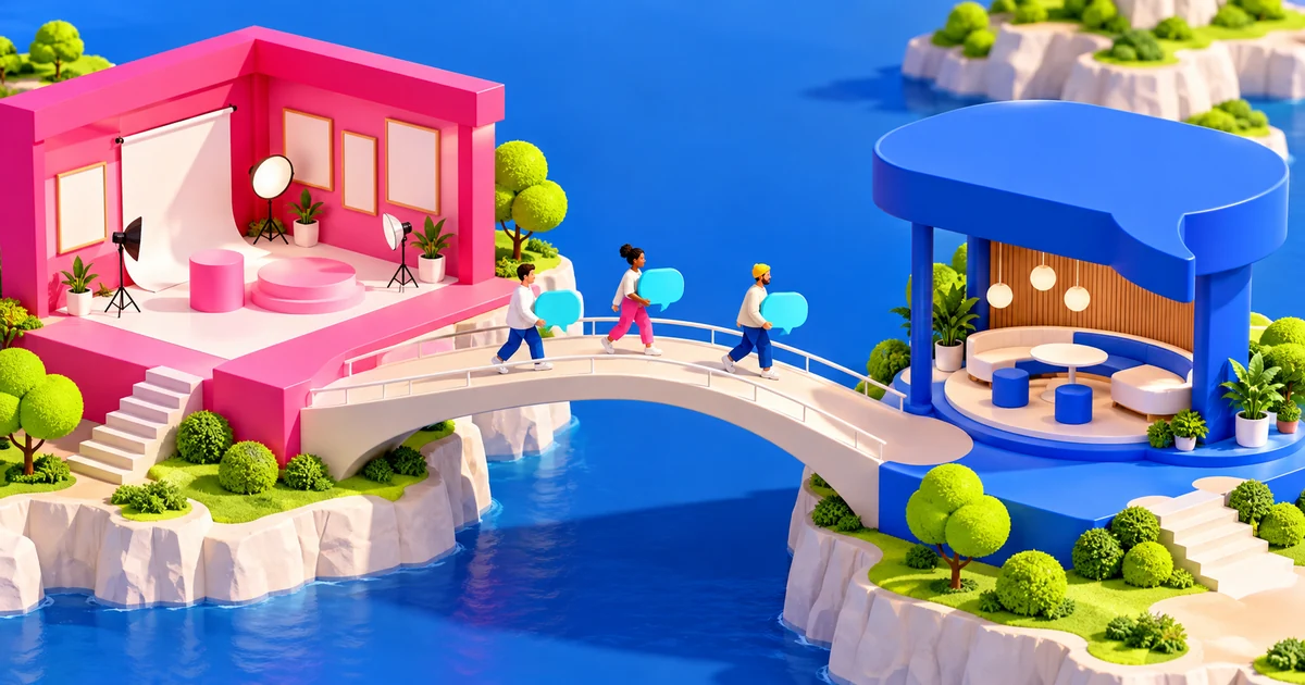 Como colocar o WhatsApp no Instagram: botão no perfil, bio e Stories Mini mundo com uma vitrine rosa e uma central de atendimento azul conectadas por uma ponte e balões de conversa.