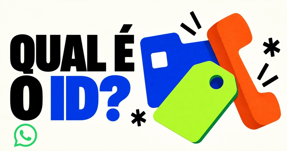 Pasta azul, telefone laranja, etiqueta verde e marca WhatsApp ao lado da pergunta Qual é o ID?