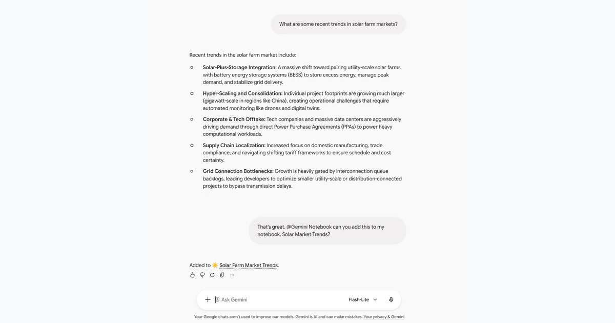 Gemini com pedido para adicionar conteúdo ao Gemini Notebook e confirmação da ação