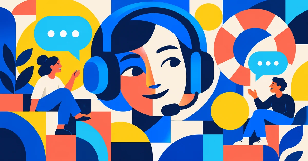 Atendimento ao cliente no Instagram: como lidar com dúvidas, pedidos e reclamações Composição geométrica com pessoas estilizadas, headset azul, balões de conversa e uma boia coral.