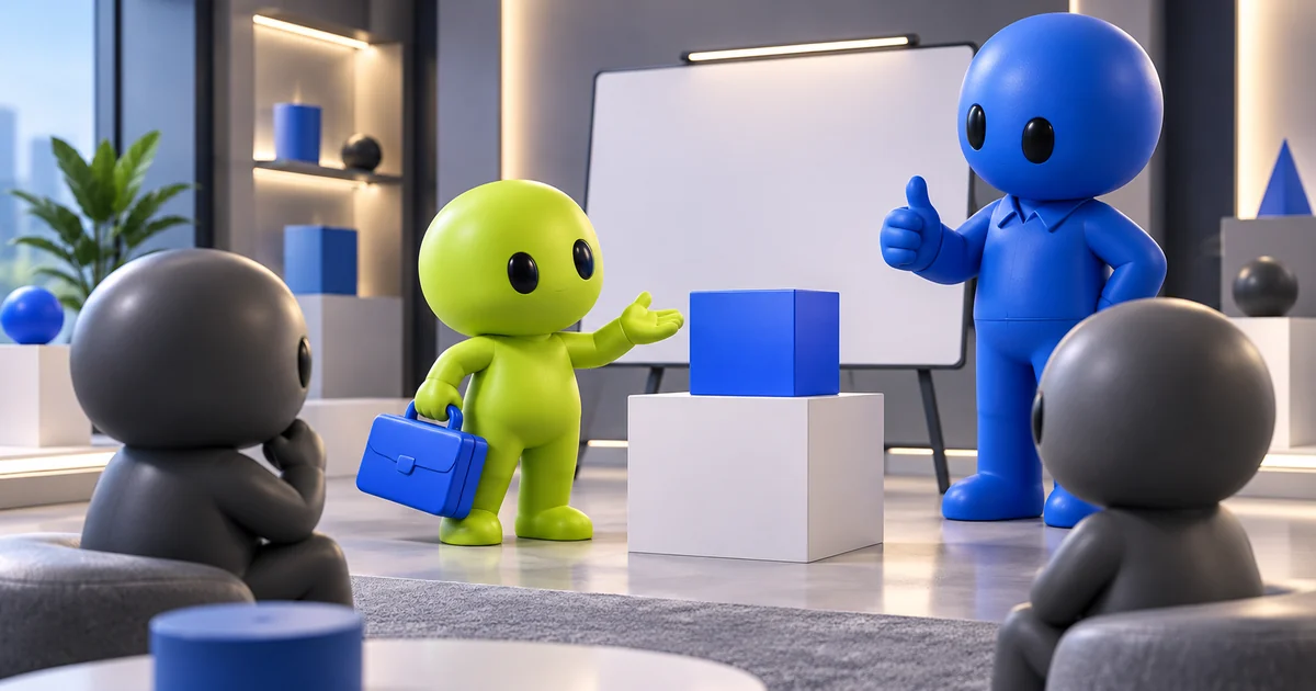 Onboarding comercial: como preparar novos vendedores com conversas e dados reais Personagens de brinquedo praticam uma apresentação com maleta, objeto azul e um quadro branco.