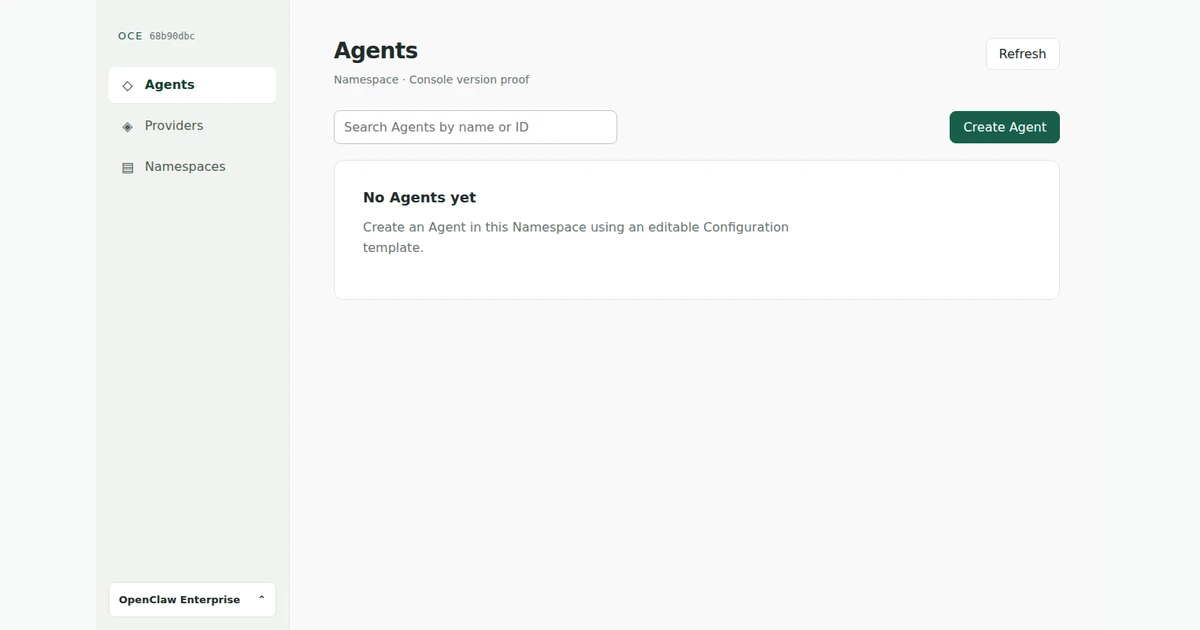 Painel Agents do OpenClaw Enterprise com lista vazia, busca, botão Create Agent e versão OCE 68b90dbc