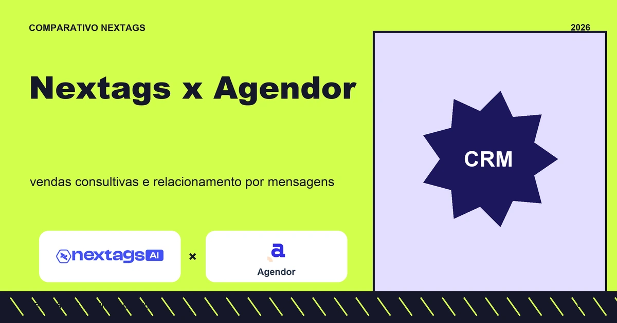 Nextags x Agendor: vendas consultivas e relacionamento por mensagens Composição Neo brutal sobre Nextags x Agendor, com nomes de plataformas e elementos geométricos.