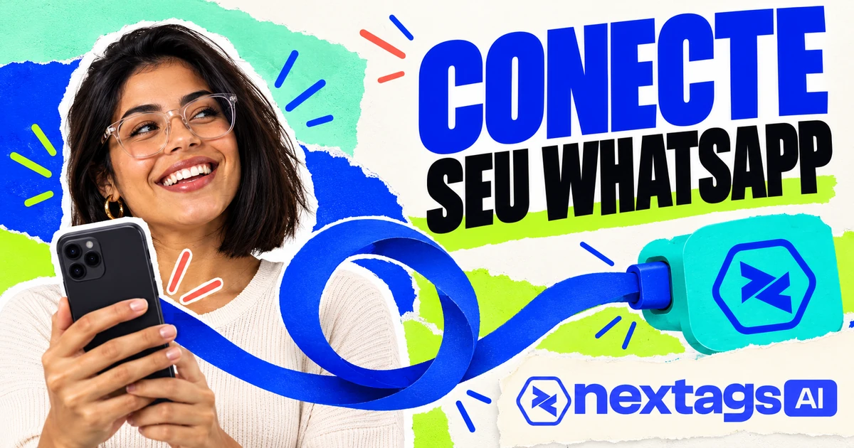 Mulher segurando um celular visto de costas, com o texto Conecte seu WhatsApp.