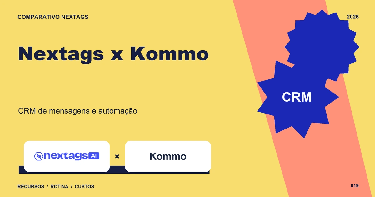 Nextags x Kommo: CRM de mensagens e automação Composição Cutout sobre Nextags x Kommo, com nomes de plataformas e elementos geométricos.