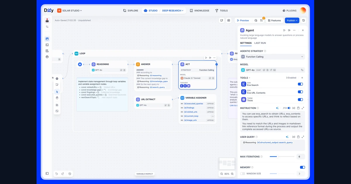 Editor Dify com um fluxo de pesquisa e painel de configuração de agente