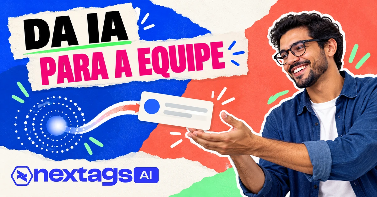 Homem de óculos recebendo um cartão de conversa, com o texto Da IA para a equipe.