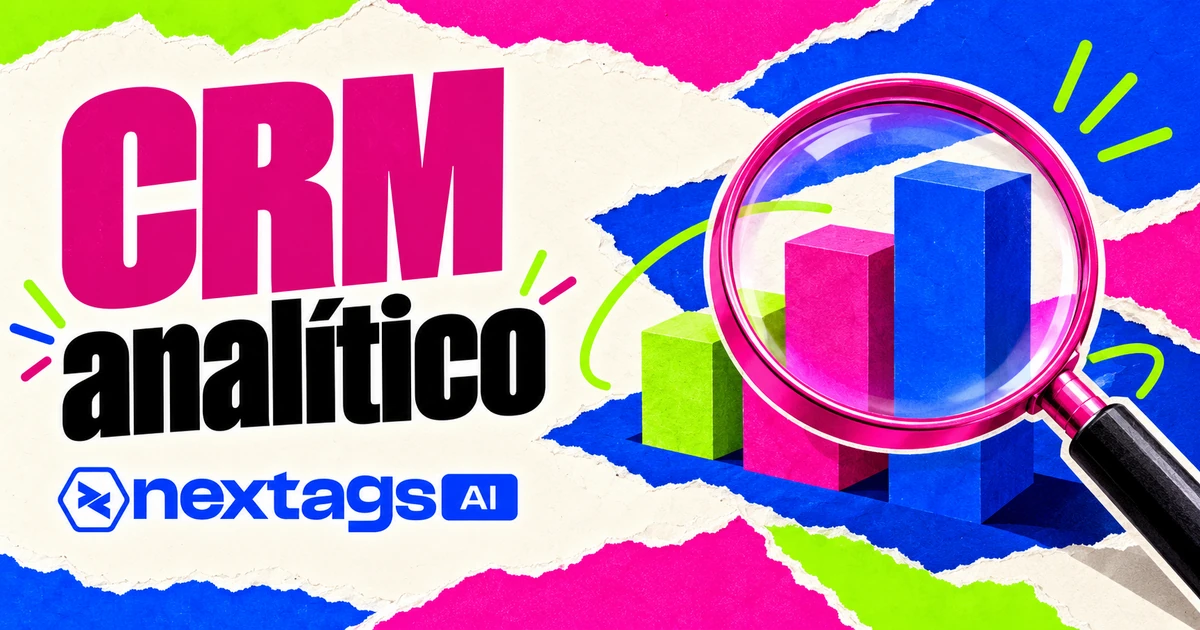 CRM analítico com composição editorial e marca Nextags