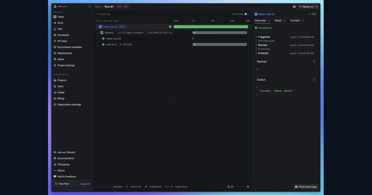 Trigger.dev 4.8 adiciona webhooks e agentes para Slack e Linear Página de execução do Trigger.dev com linha do tempo e resultado da tarefa hello-world