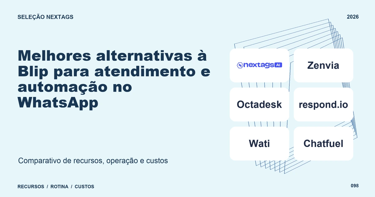 Melhores alternativas à Blip para atendimento e automação no WhatsApp Composição Wireframe sobre Melhores alternativas à Blip para atendimento e automação no WhatsApp, com nomes de plataformas e elementos geométricos.