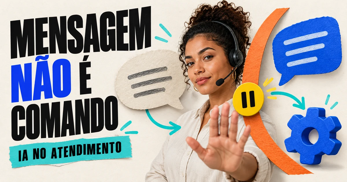 Prompt injection no atendimento: limites e controles para IA Profissional de atendimento com headset entre balões de mensagem, sinal de pausa e engrenagem azul