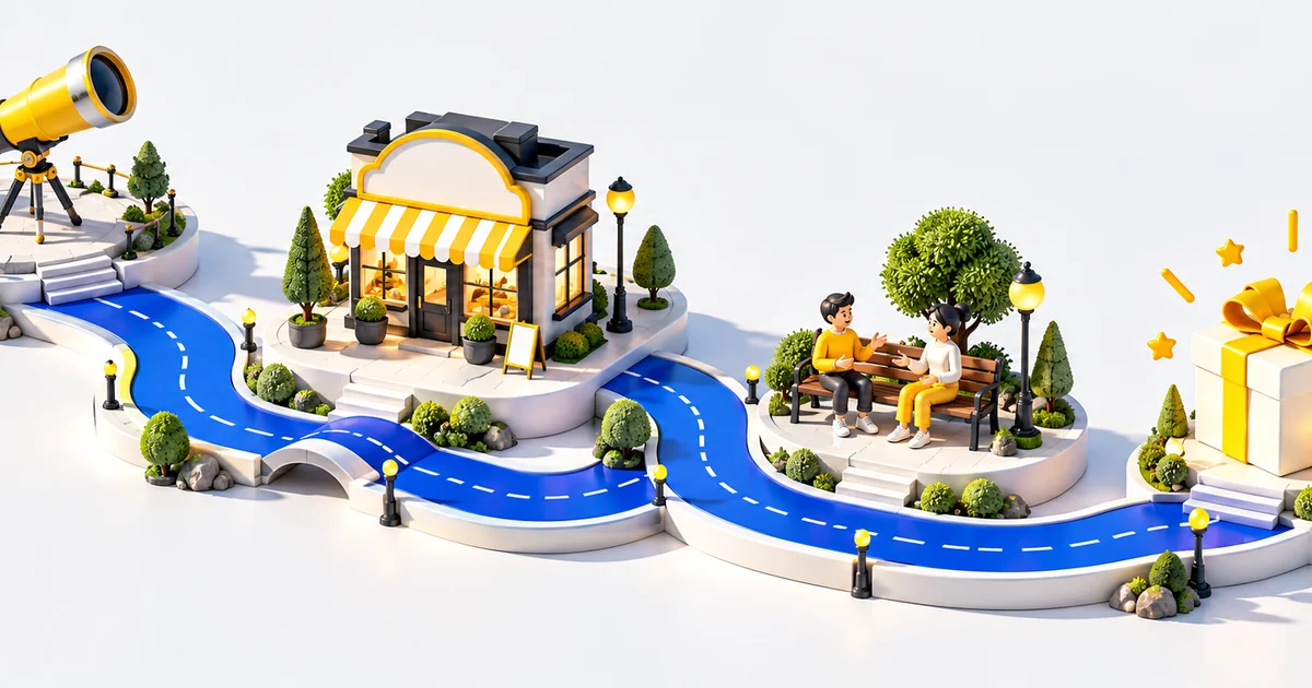 Jornada do cliente: como mapear os pontos de contato antes e depois da compra Percurso azul conecta miniaturas de descoberta, loja, conversa e presente em plataformas claras.