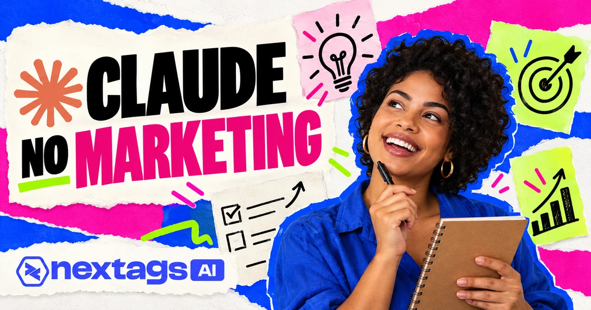 CLAUDE NO MARKETING, com os logos do Claude e da Nextags
