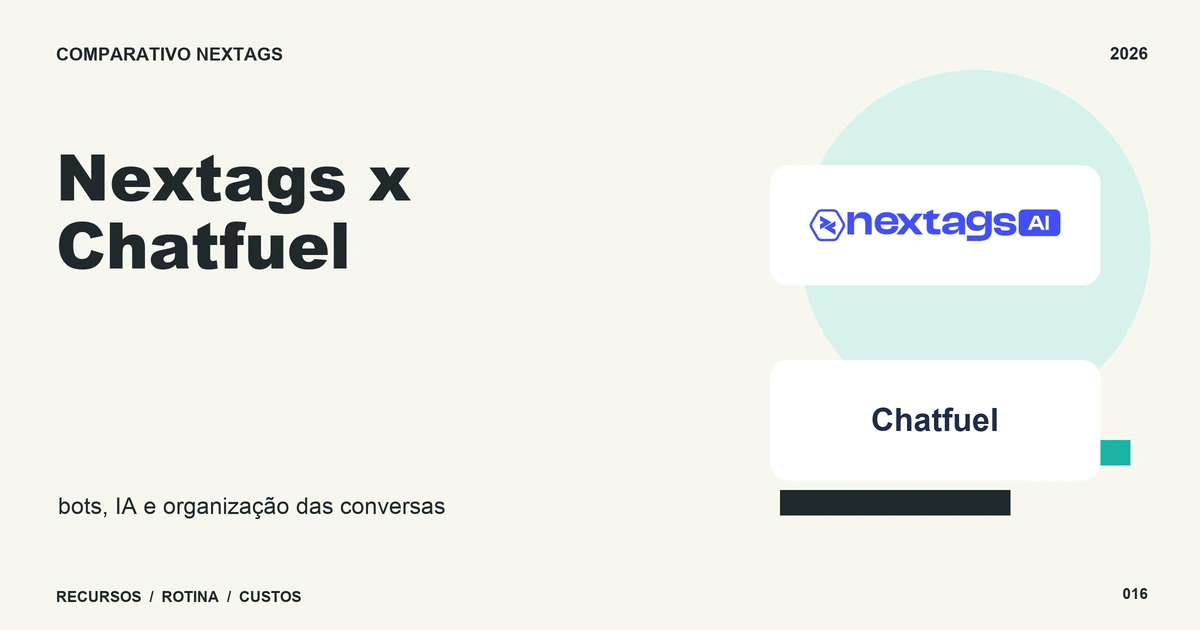 Nextags x Chatfuel: bots, IA e organização das conversas Composição Minimal blocks sobre Nextags x Chatfuel, com nomes de plataformas e elementos geométricos.