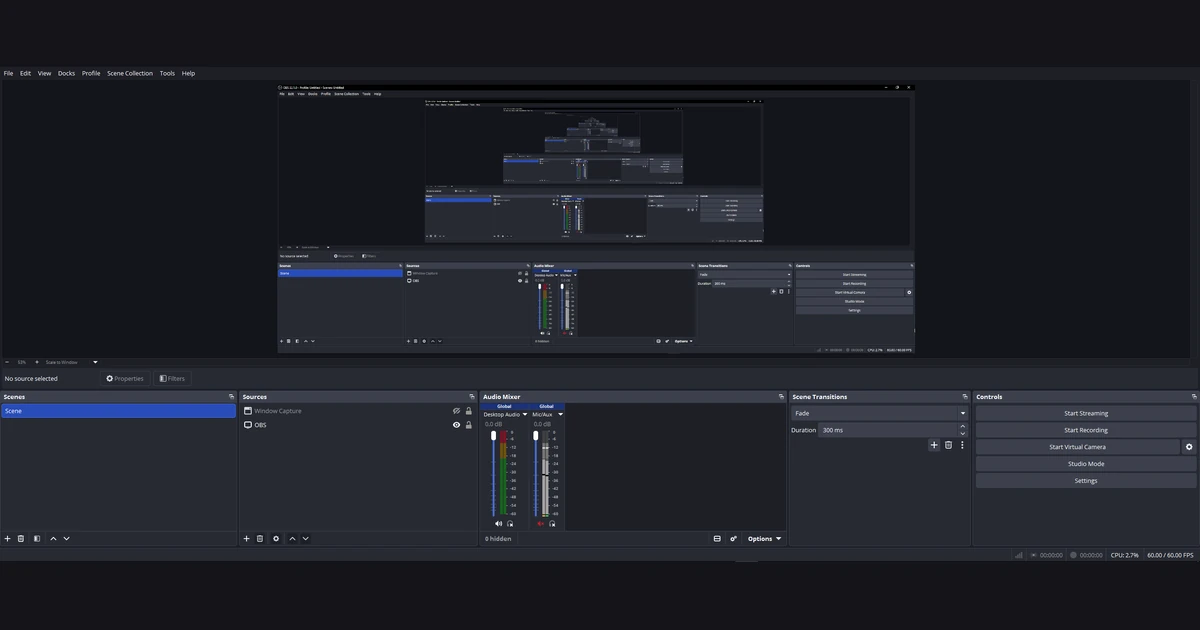 Interface do OBS Studio 32.1.0 com prévia da captura de sua própria janela e controles de áudio