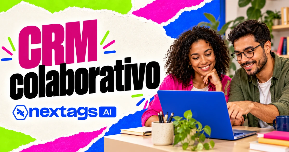 CRM colaborativo com composição editorial e marca Nextags