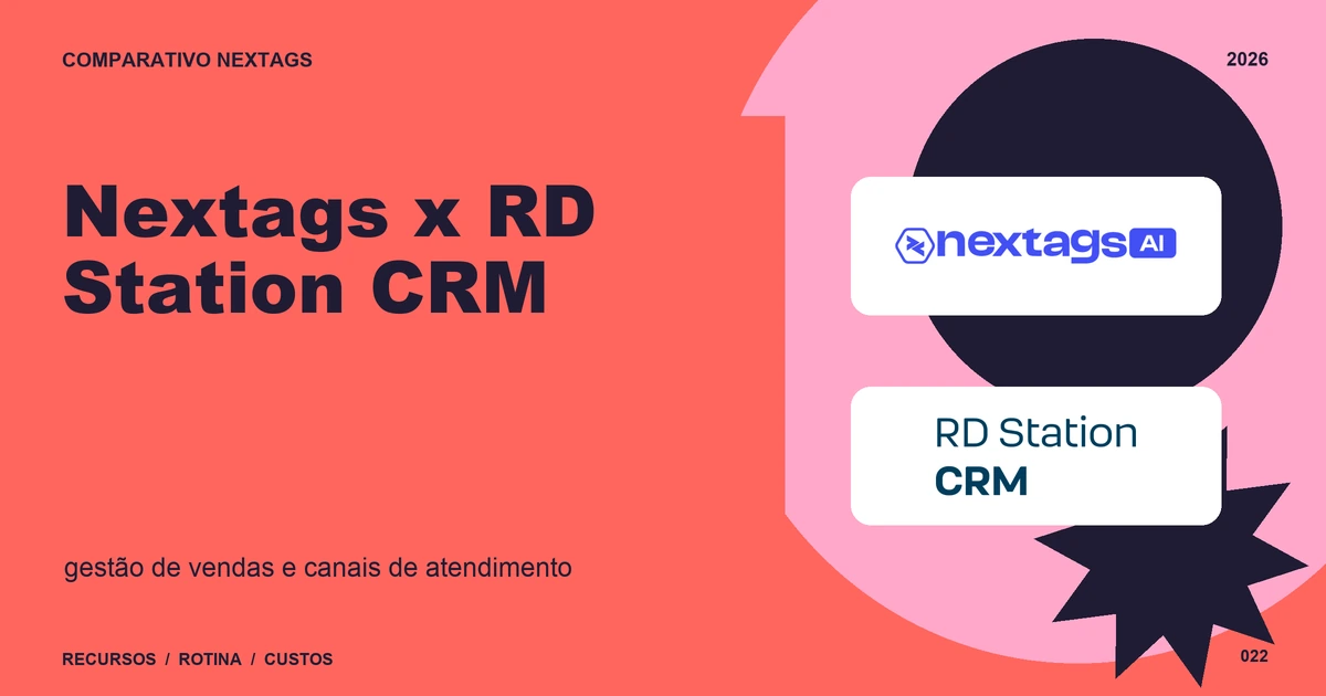 Nextags x RD Station CRM: gestão de vendas e canais de atendimento Composição Coral poster sobre Nextags x RD Station CRM, com nomes de plataformas e elementos geométricos.