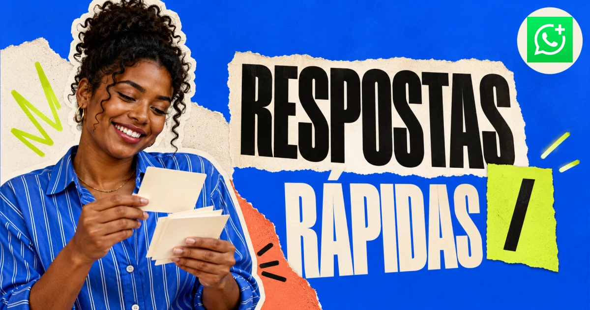Respostas rápidas no WhatsApp Business: o que são? Respostas rápidas; empresária com cartões e ícone do WhatsApp Business.