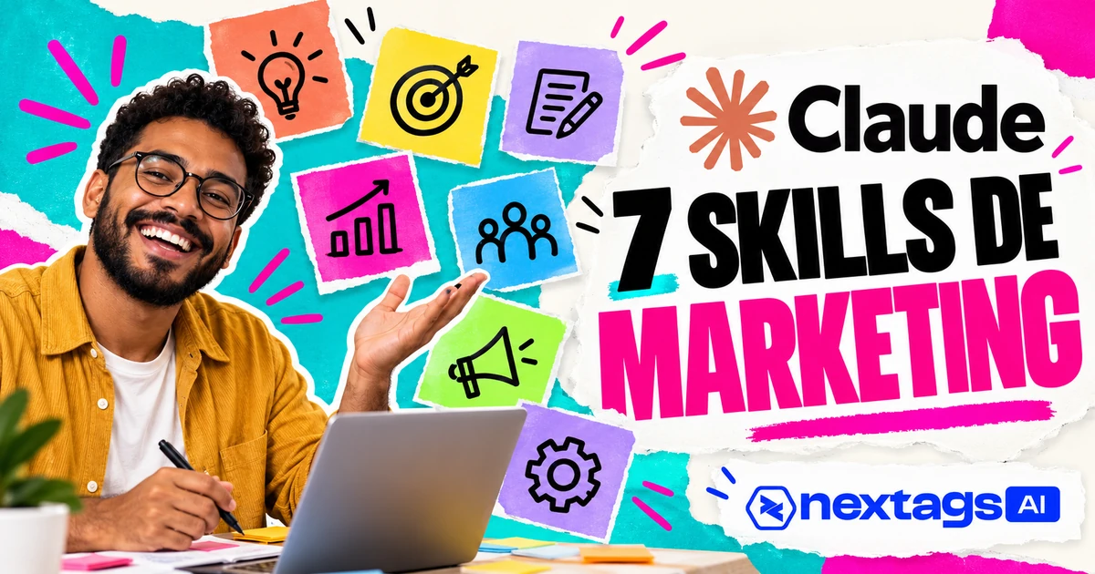 7 SKILLS DE MARKETING, com os logos do Claude e da Nextags