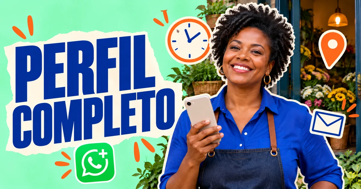 Mulher com celular diante de uma floricultura, título Perfil completo e marca do WhatsApp Business.