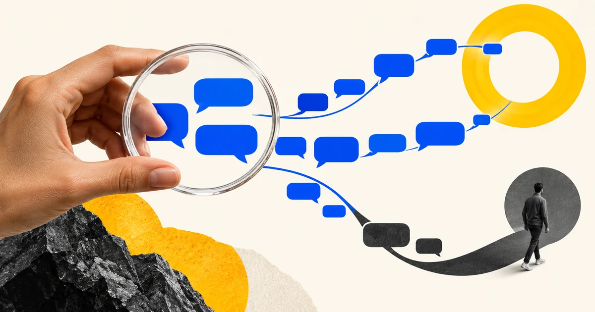 Métricas de chatbot: como medir resolução, abandono e transferência Mão com uma lupa examinando trilhas de conversa azuis e um círculo amarelo.