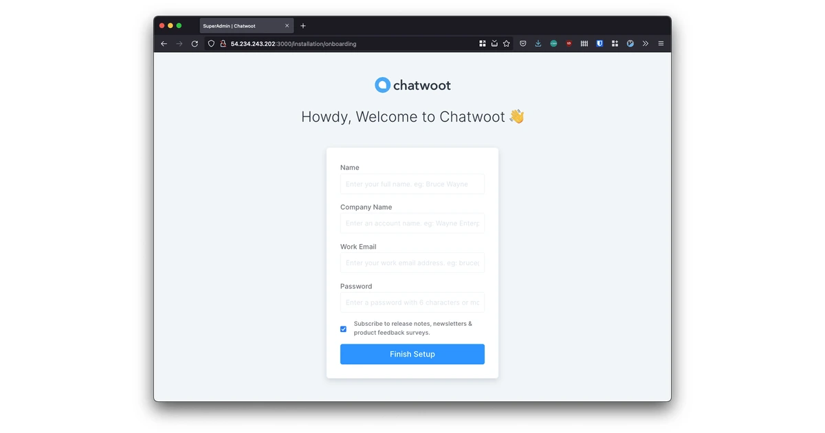 Tela de configuração inicial do Chatwoot com formulário ainda vazio
