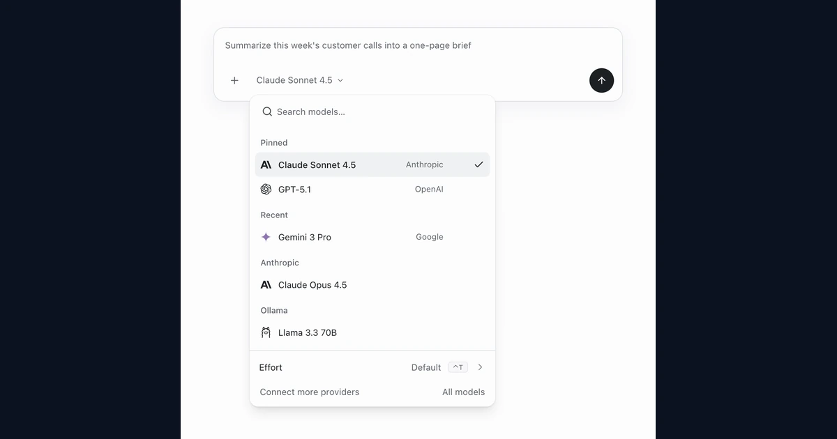 Caixa de mensagem do OpenWork com menu de seleção de modelos aberto e grupos por provedor