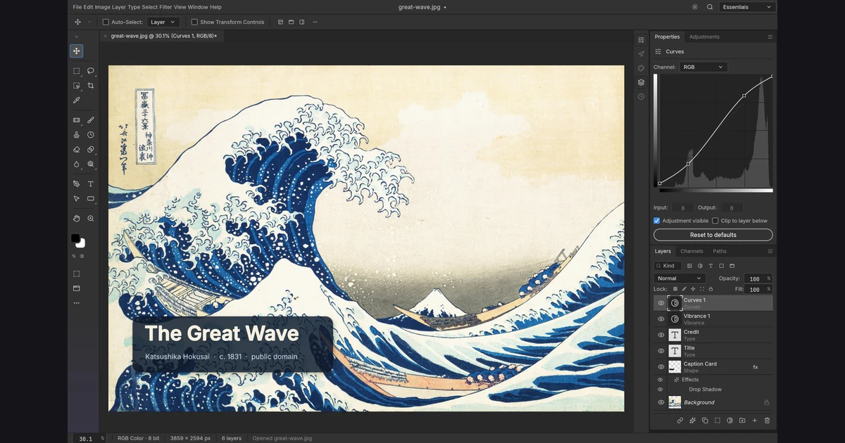 Interface do PhotoCraft com A Grande Onda de Hokusai, painel de curvas e lista de camadas