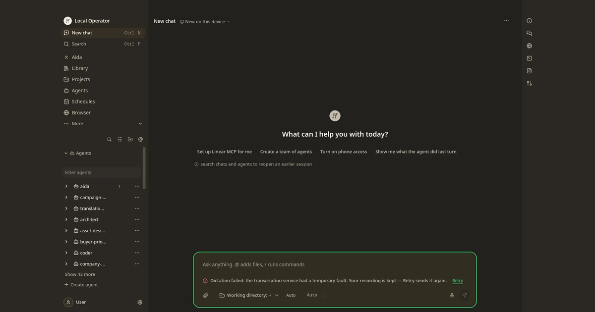 Interface do Local Operator com mensagem de falha temporária no ditado e botão Retry