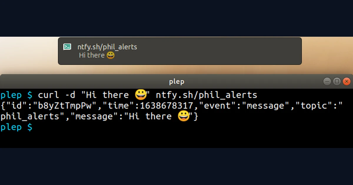 Terminal com comando curl para publicar no tópico phil_alerts do ntfy e notificação recebida no desktop