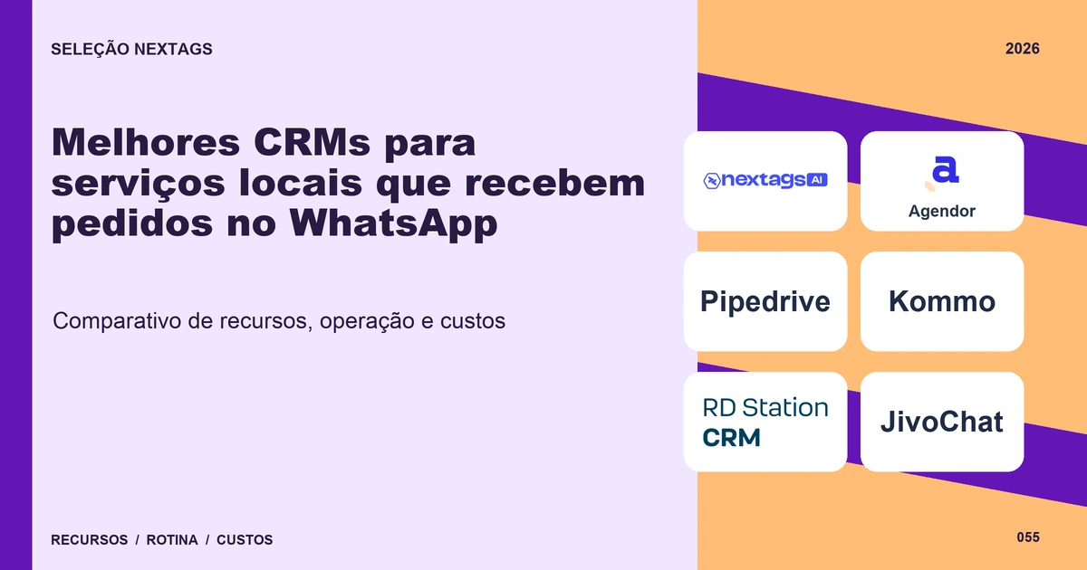 Melhores CRMs para serviços locais que recebem pedidos no WhatsApp Composição Ribbon sobre Melhores CRMs para serviços locais que recebem pedidos no WhatsApp, com nomes de plataformas e elementos geométricos.