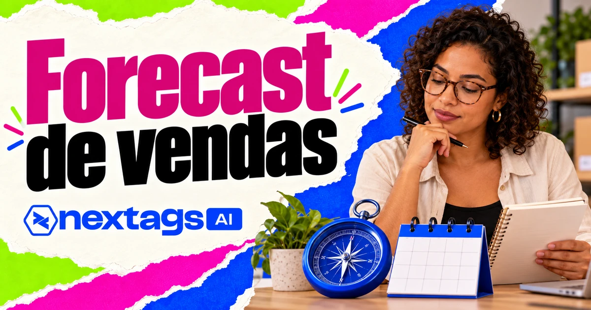 Forecast de vendas com composição editorial e marca Nextags