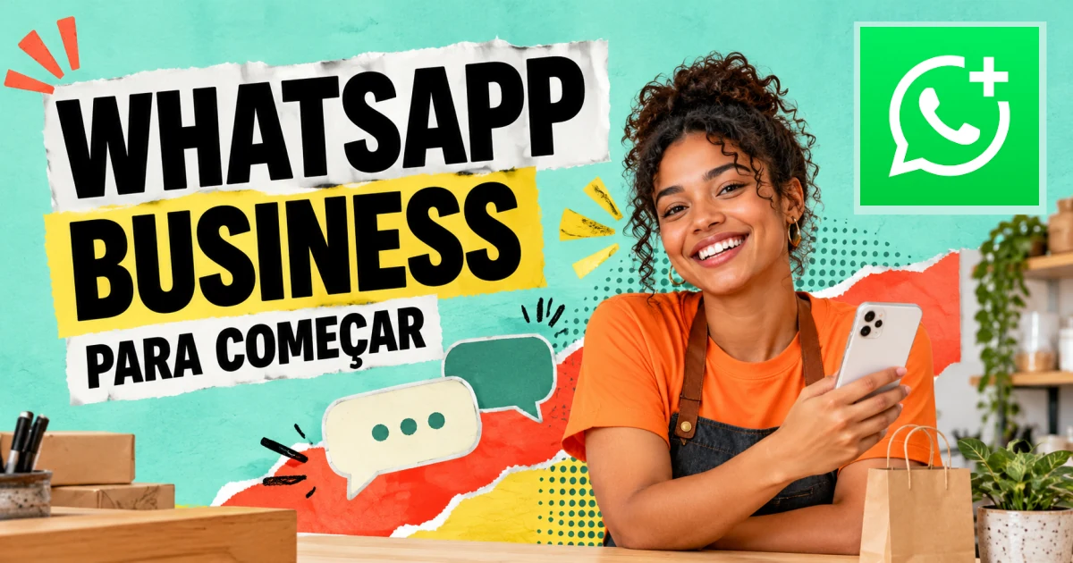 WhatsApp Business para começar; pessoa com celular e ícone do aplicativo.