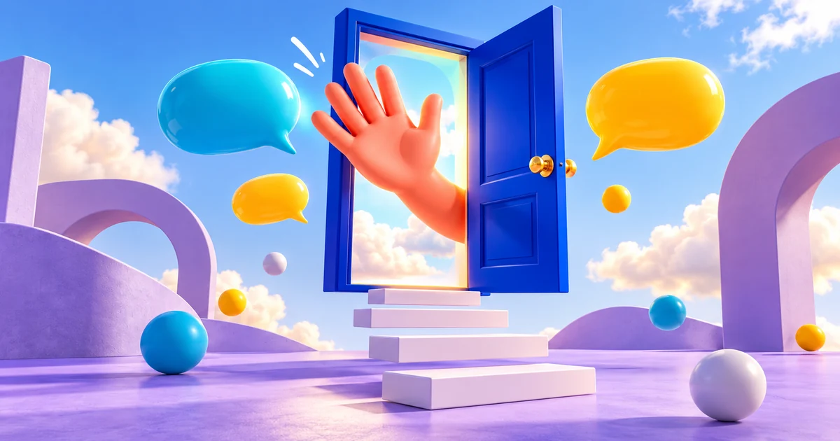 Mensagem de boas-vindas no Instagram: exemplos para quem inicia uma conversa Porta azul suspensa em um cenário surreal com uma mão coral acenando e balões de conversa coloridos.