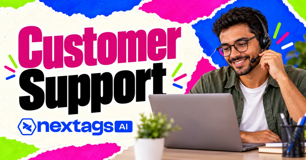 Customer Support com composição editorial e marca Nextags