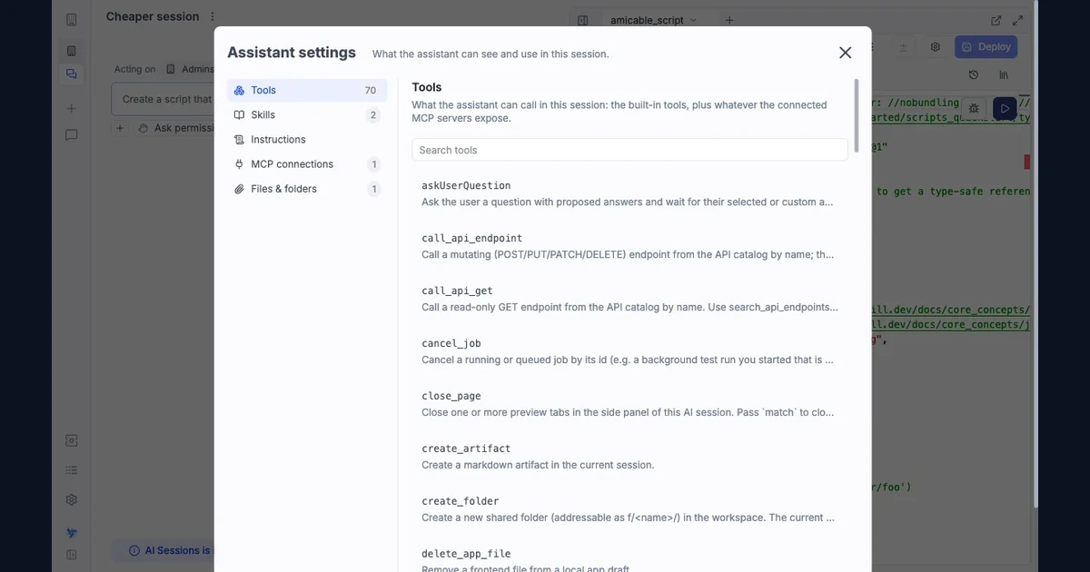Painel Assistant settings do Windmill aberto na lista de ferramentas disponíveis para uma sessão de IA