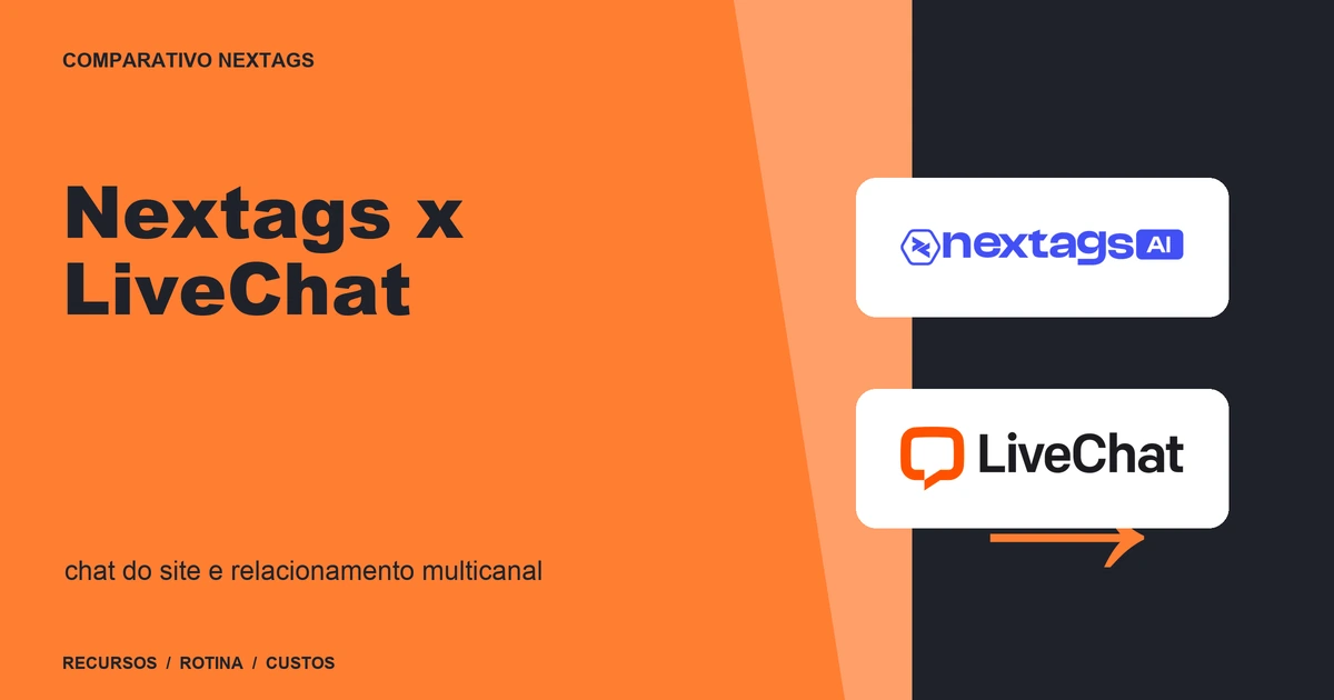 Nextags x LiveChat: chat do site e relacionamento multicanal Composição Orange type sobre Nextags x LiveChat, com nomes de plataformas e elementos geométricos.