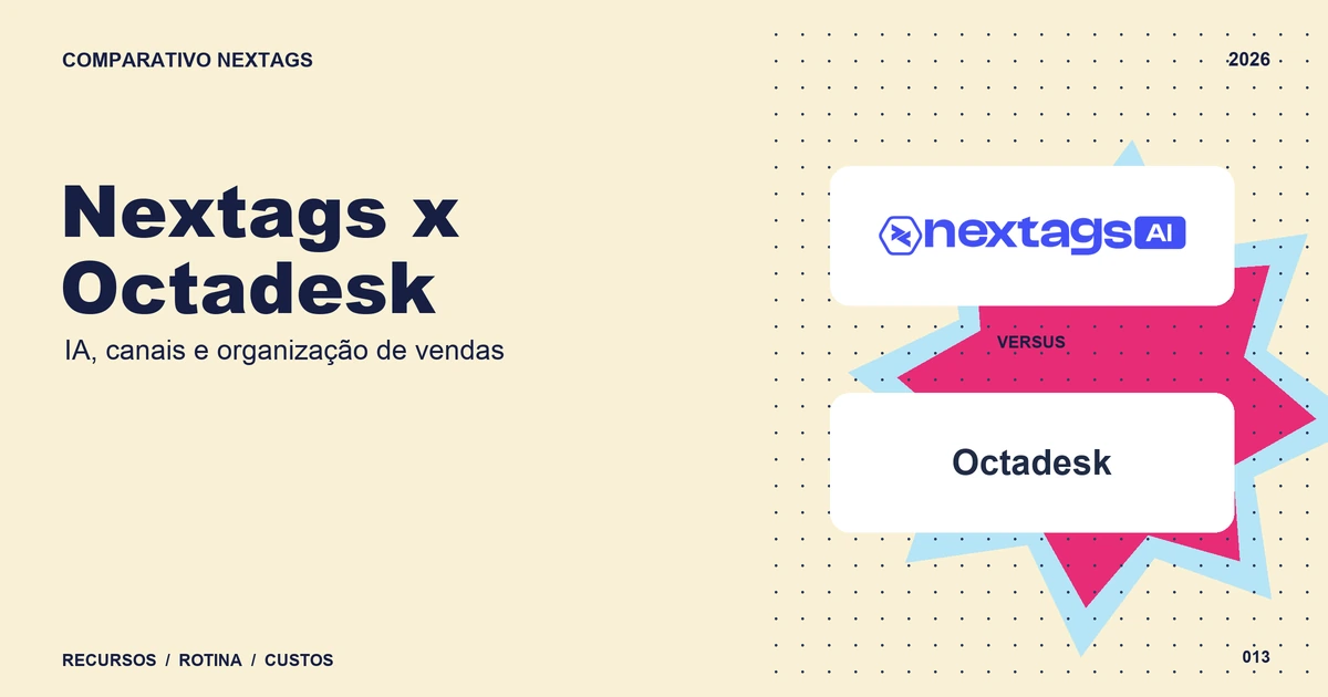 Nextags x Octadesk: IA, canais e organização de vendas Composição Comic shapes sobre Nextags x Octadesk, com nomes de plataformas e elementos geométricos.