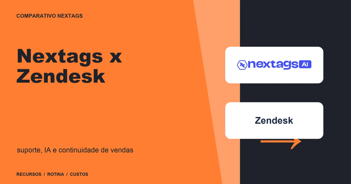 Composição Orange type sobre Nextags x Zendesk, com nomes de plataformas e elementos geométricos.