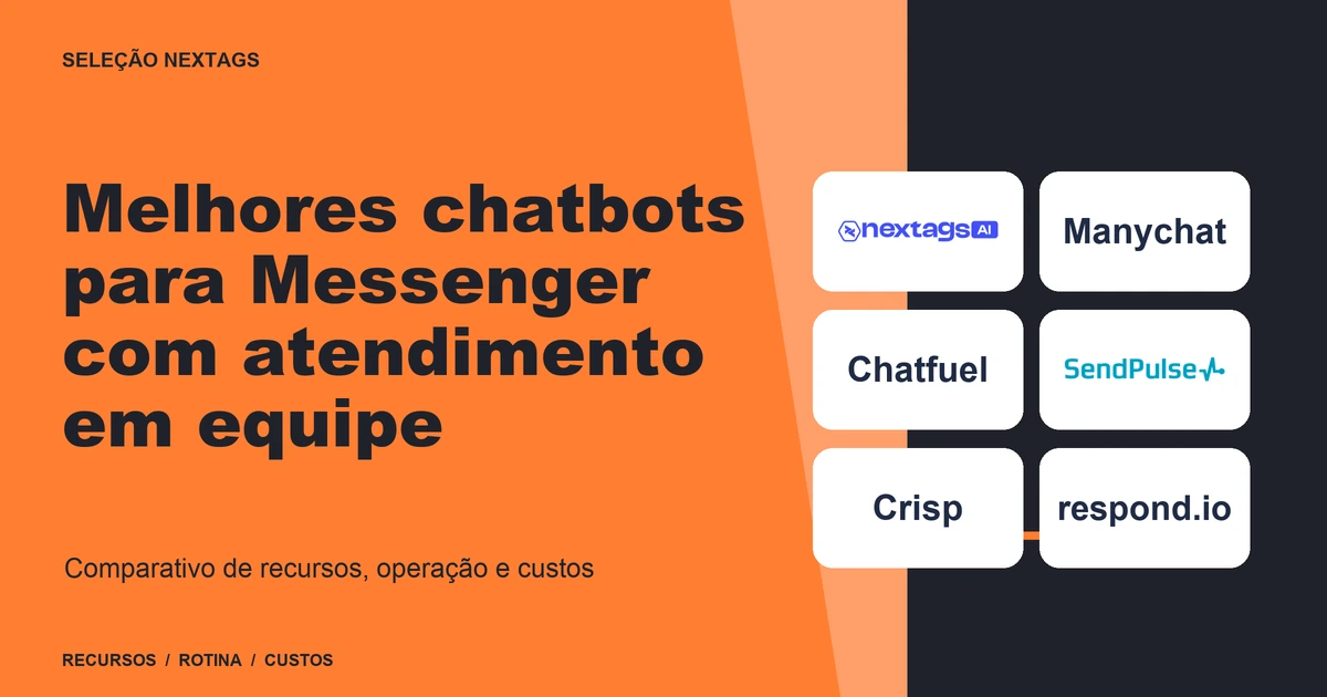 Composição Orange type sobre Melhores chatbots para Messenger com atendimento em equipe, com nomes de plataformas e elementos geométricos.