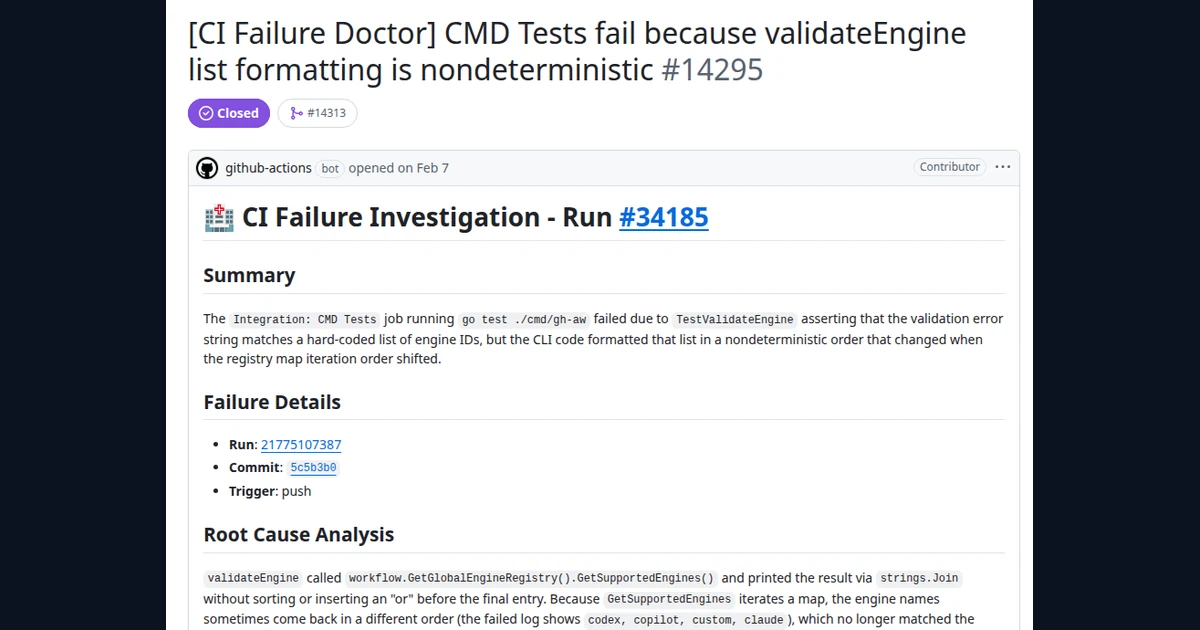 GitHub Agentic Workflows ajusta análise de credenciais na versão 0.93.5 Relatório do CI Failure Doctor no GitHub com resumo e análise de uma falha de testes