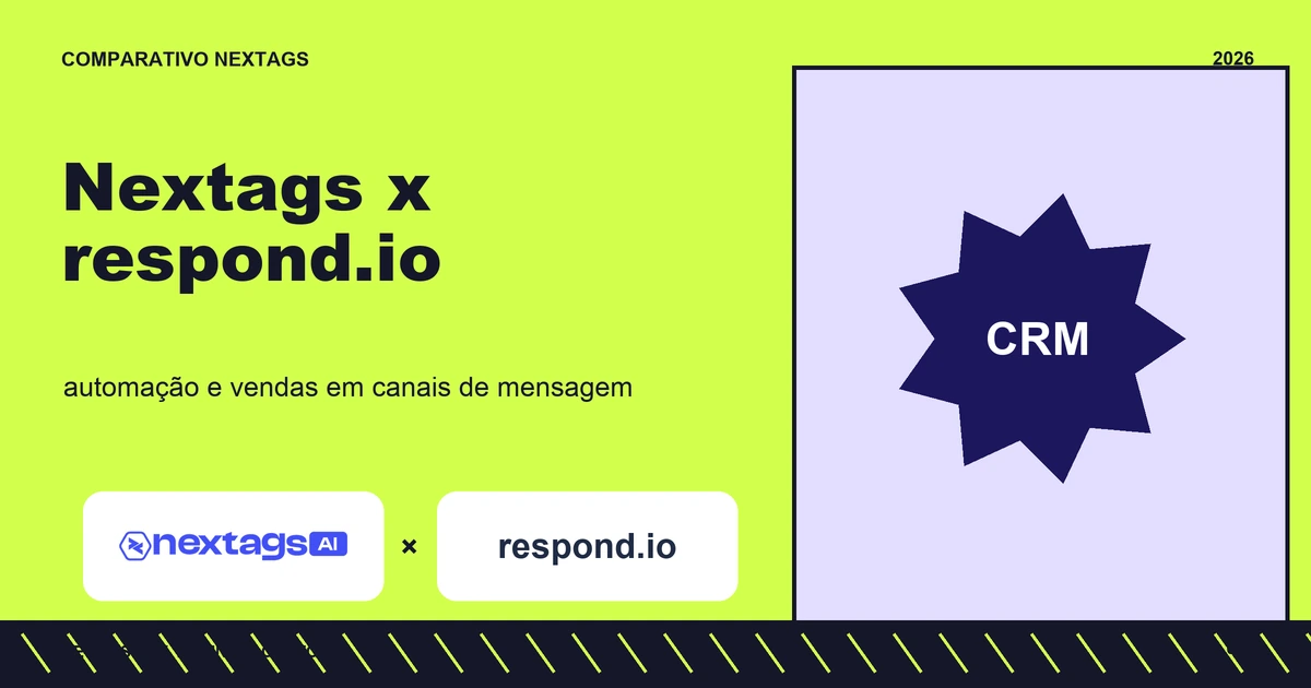 Nextags x respond.io: automação e vendas em canais de mensagem Composição Neo brutal sobre Nextags x respond.io, com nomes de plataformas e elementos geométricos.