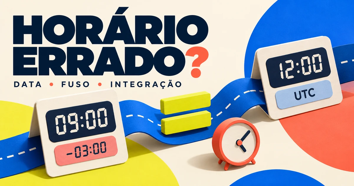 Cartões com 09:00 no fuso −03:00 e 12:00 UTC ligados por um sinal de igualdade, com o título Horário errado.