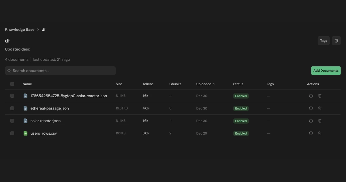 Interface Knowledge Base do Sim com quatro arquivos, colunas de tamanho, tokens, trechos e status Enabled