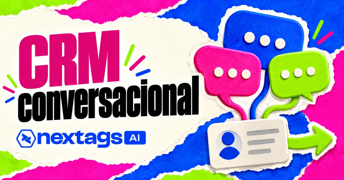 CRM conversacional com composição editorial e marca Nextags