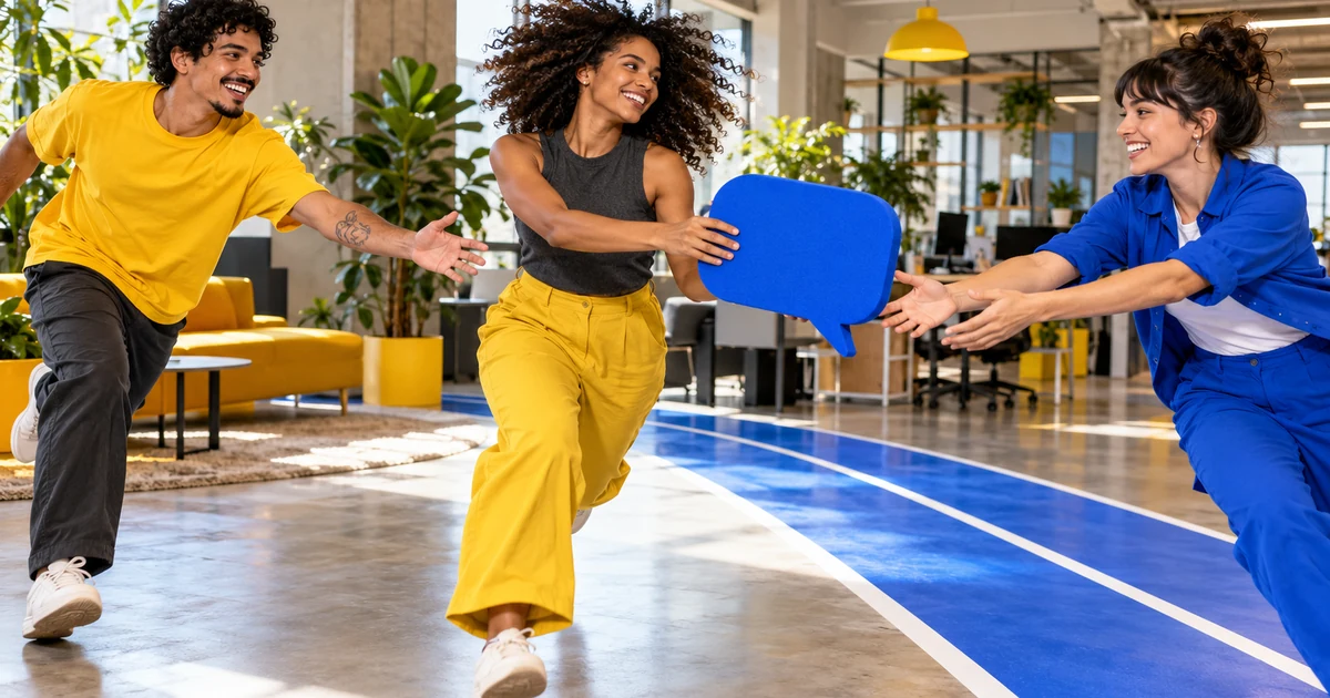 Como atender o Instagram com vários atendentes sem compartilhar a senha Três colegas passando um balão de conversa azul como um bastão de revezamento no escritório.