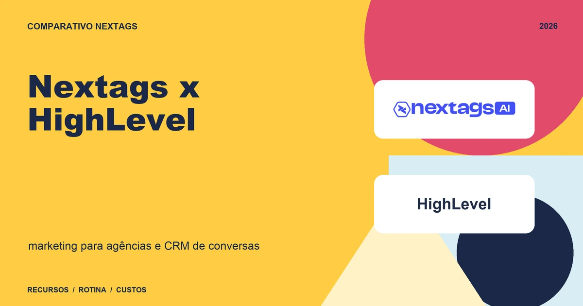 Nextags x HighLevel: marketing para agências e CRM de conversas Composição Bauhaus sobre Nextags x HighLevel, com nomes de plataformas e elementos geométricos.