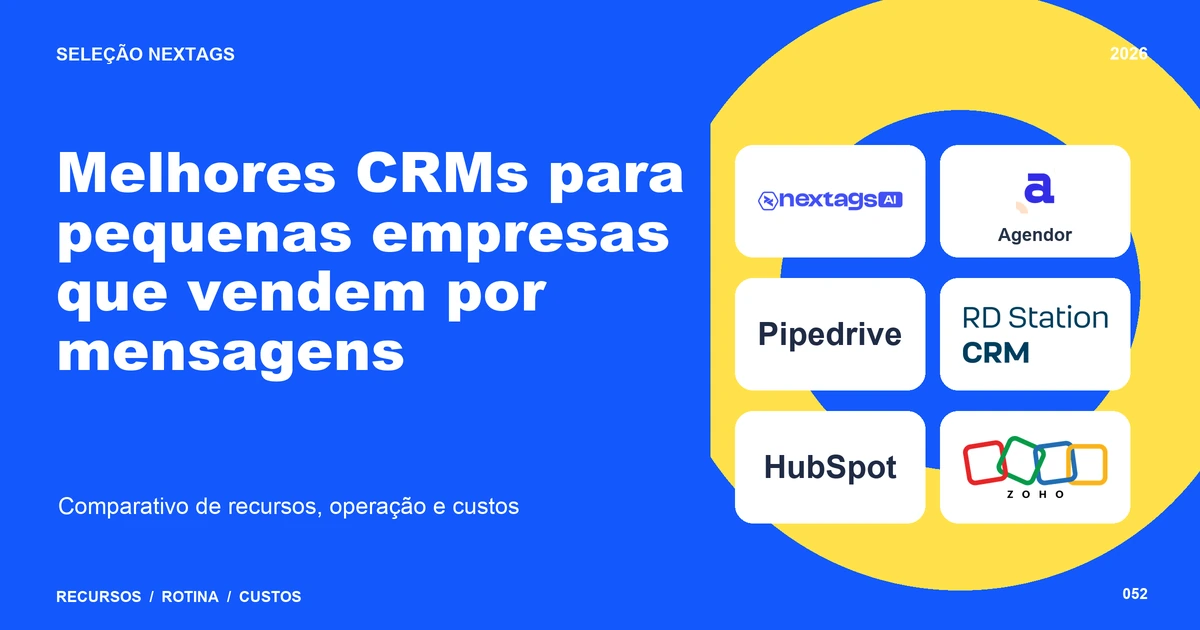Composição Duotone sobre Melhores CRMs para pequenas empresas que vendem por mensagens, com nomes de plataformas e elementos geométricos.