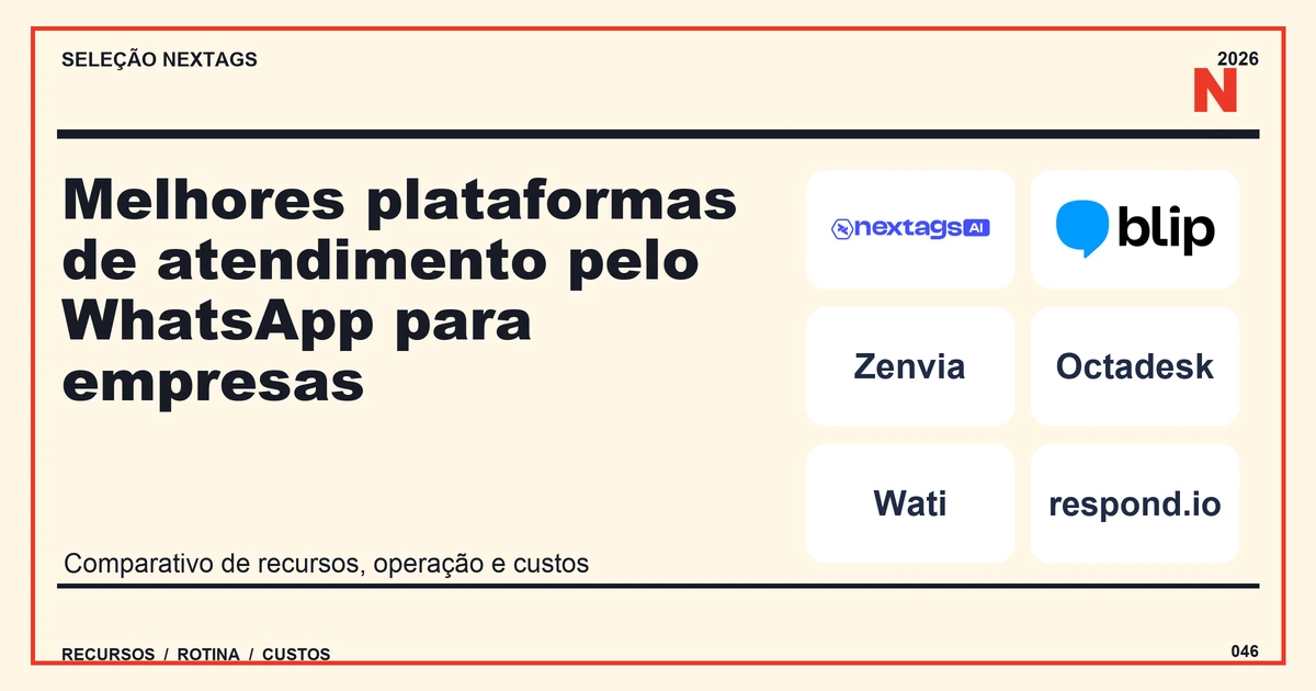Melhores plataformas de atendimento pelo WhatsApp para empresas Composição Magazine sobre Melhores plataformas de atendimento pelo WhatsApp para empresas, com nomes de plataformas e elementos geométricos.